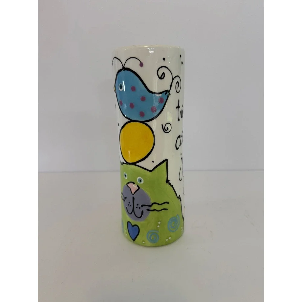 Lotus Ceramic Cat and Bird Whimsical Cylinder Vase 10 Inch Hand Painted